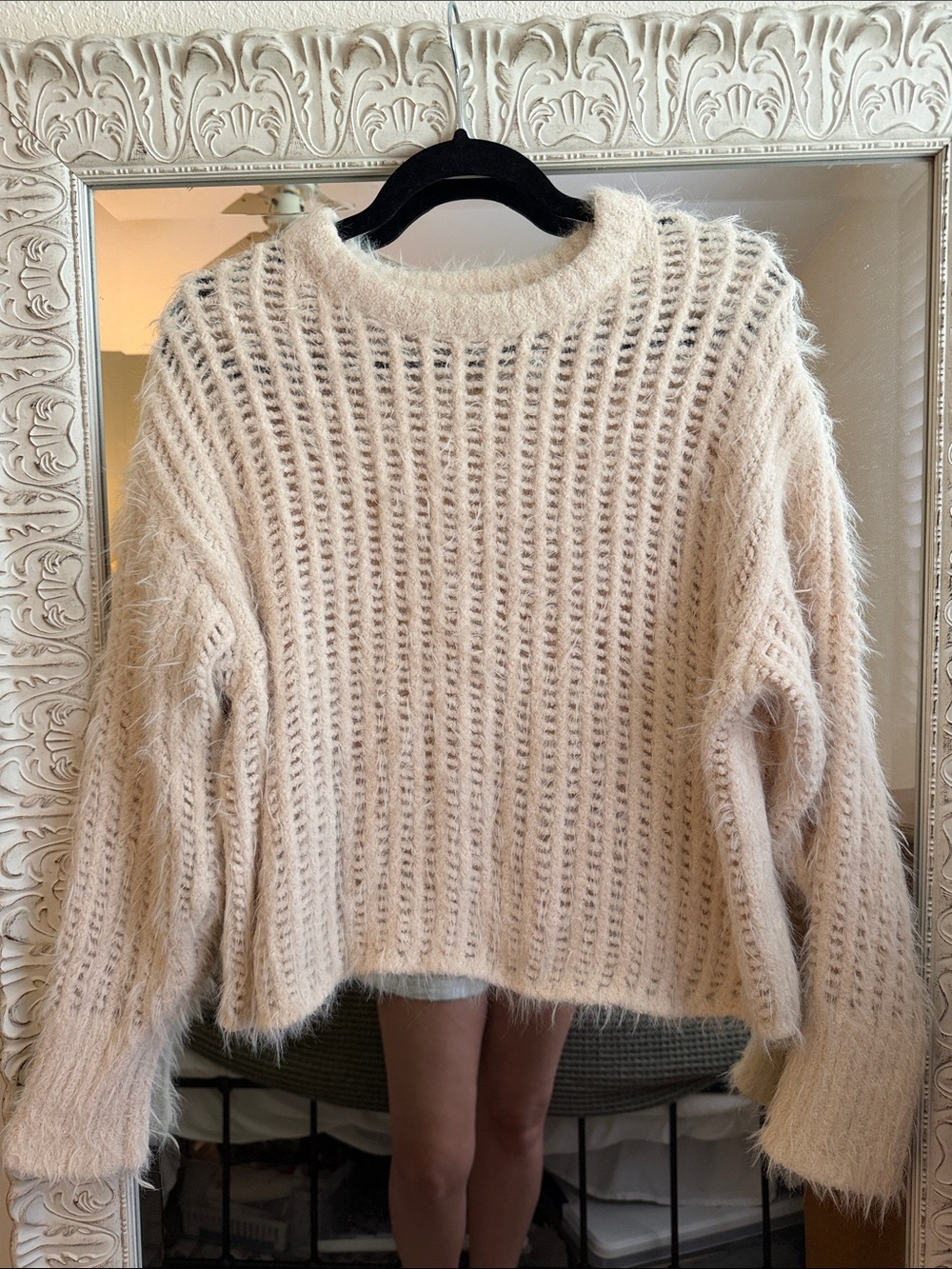 Universal Thread Cream Open-Weave Fuzzy Crewneck Sweater
